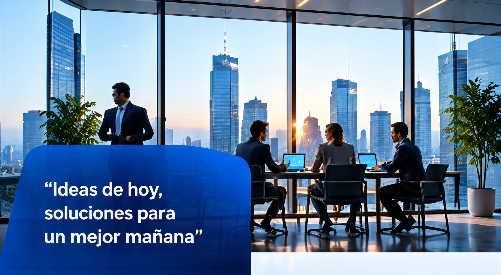 Equipo reunido en una oficina con vistas a la ciudad